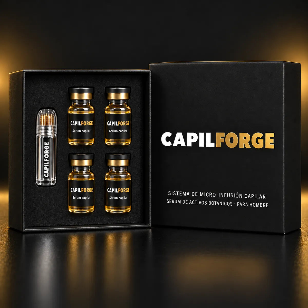 Kit Capilforge abierto: micro-aplicador y 4 sérums